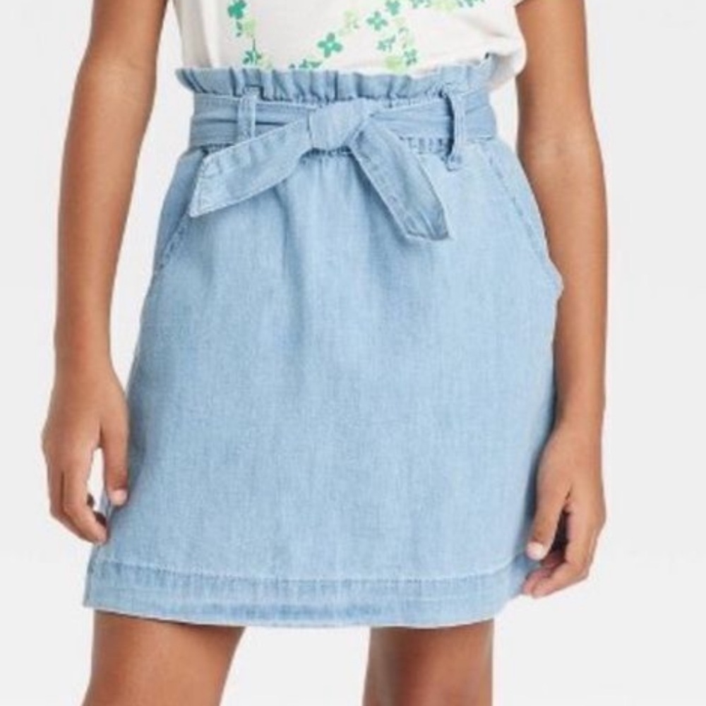 Cat & Jack Girls Skirt Size XS 4/5 Blue Denim MIDI w Belt Sash Light Wash